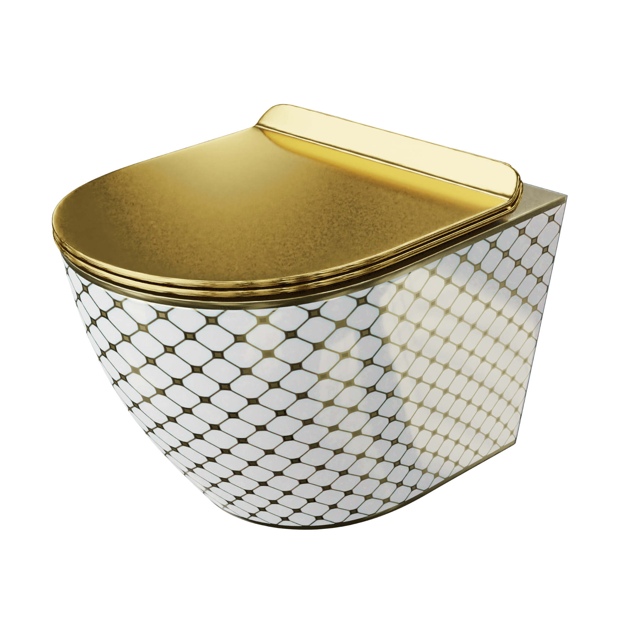 WC suspendu SOFI SLIM CHECKED GOLD en céramique blanc brillant à décor doré