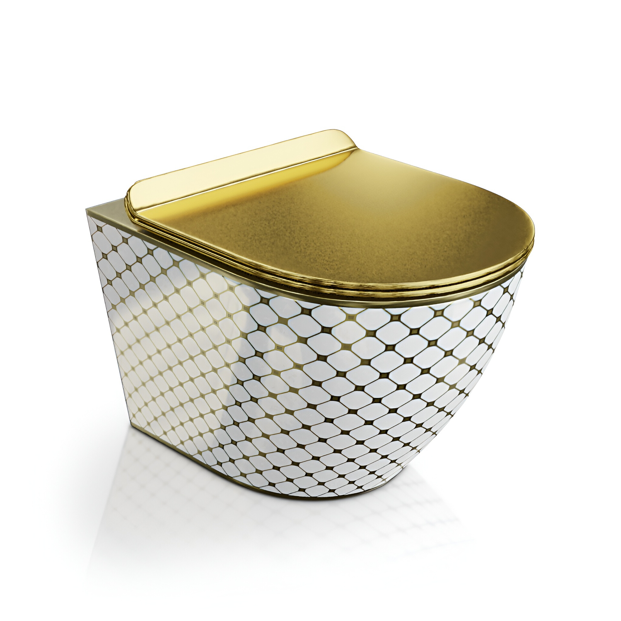 WC suspendu SOFI SLIM CHECKED GOLD blanc brillant à décor doré avec abattant