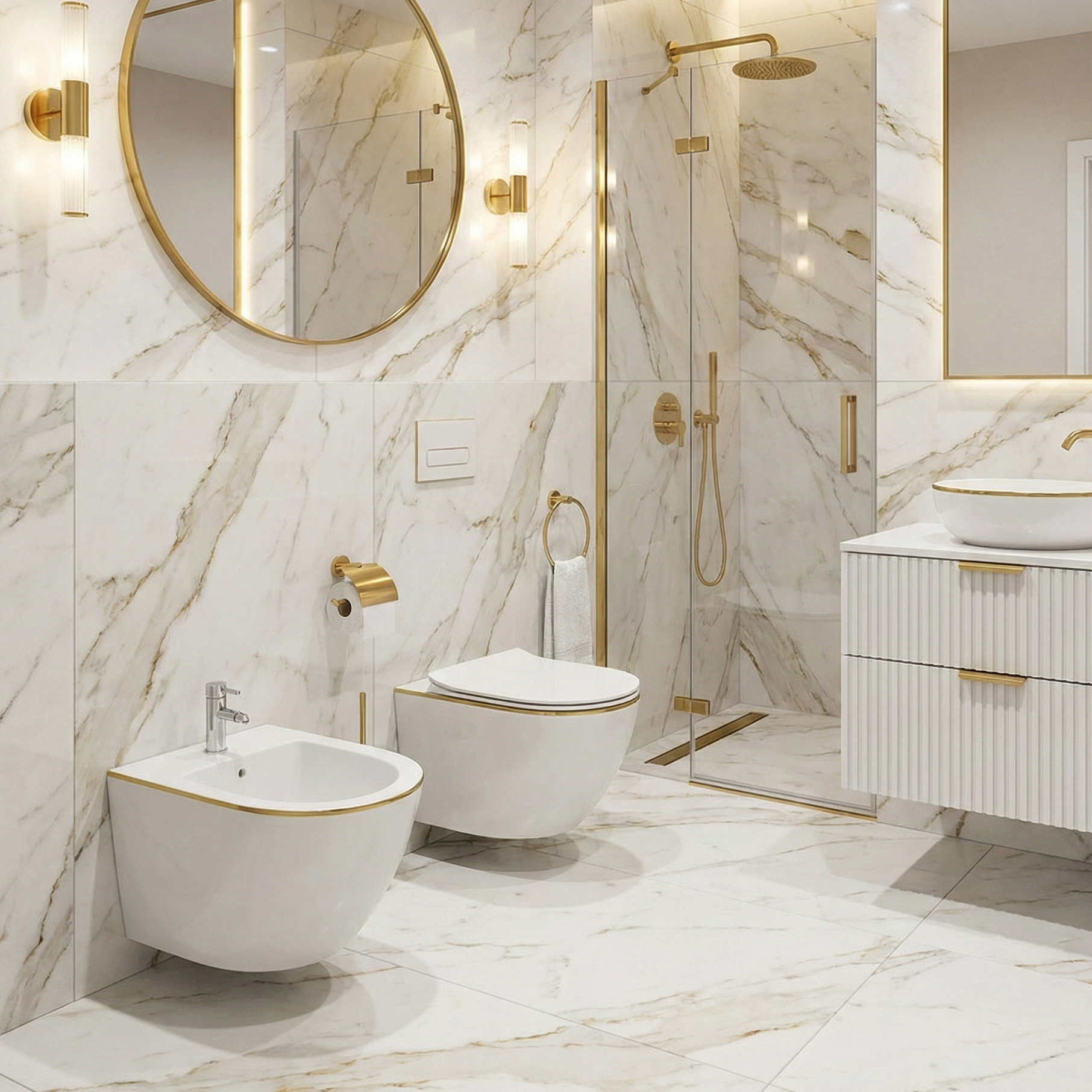 Bidet suspendu SOFI Gold Line, céramique blanc brillant et liseré doré