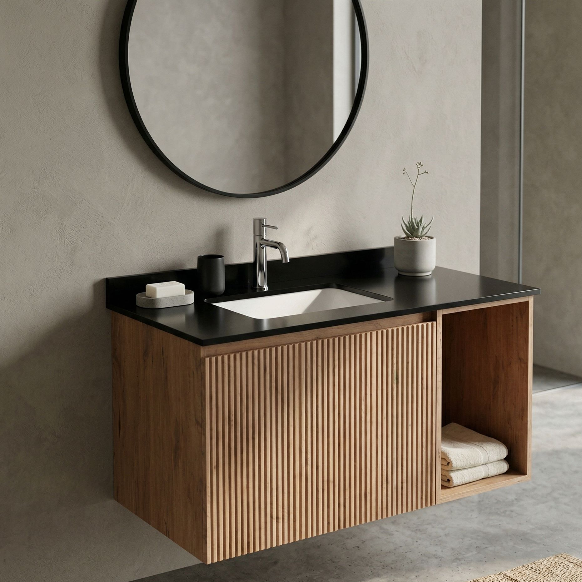 Meuble sous-vasque suspendu Kent Wood 900 en aspect bois avec plan et vasque