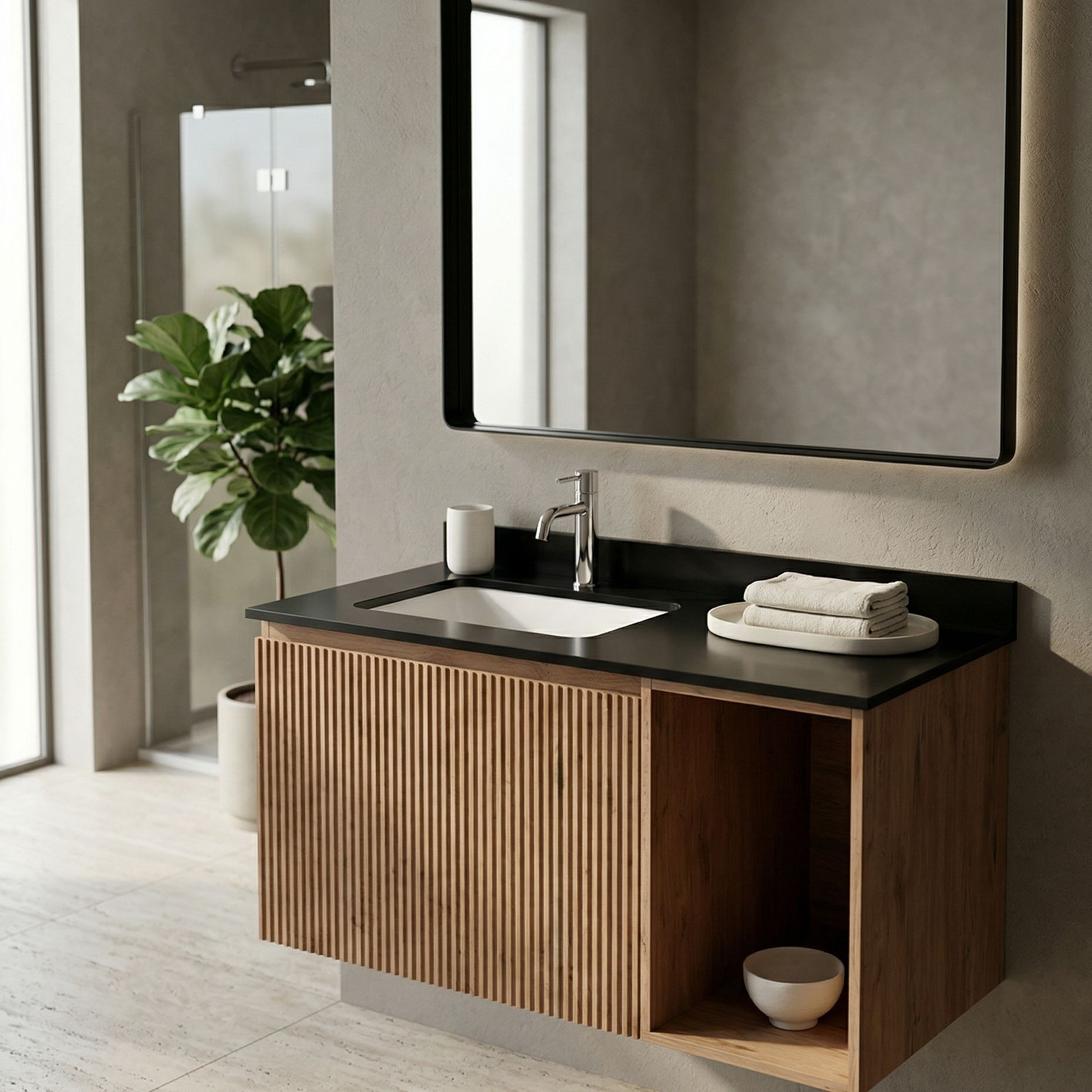 Kent Wood 900, plan de toilette et vasque sur meuble aspect bois