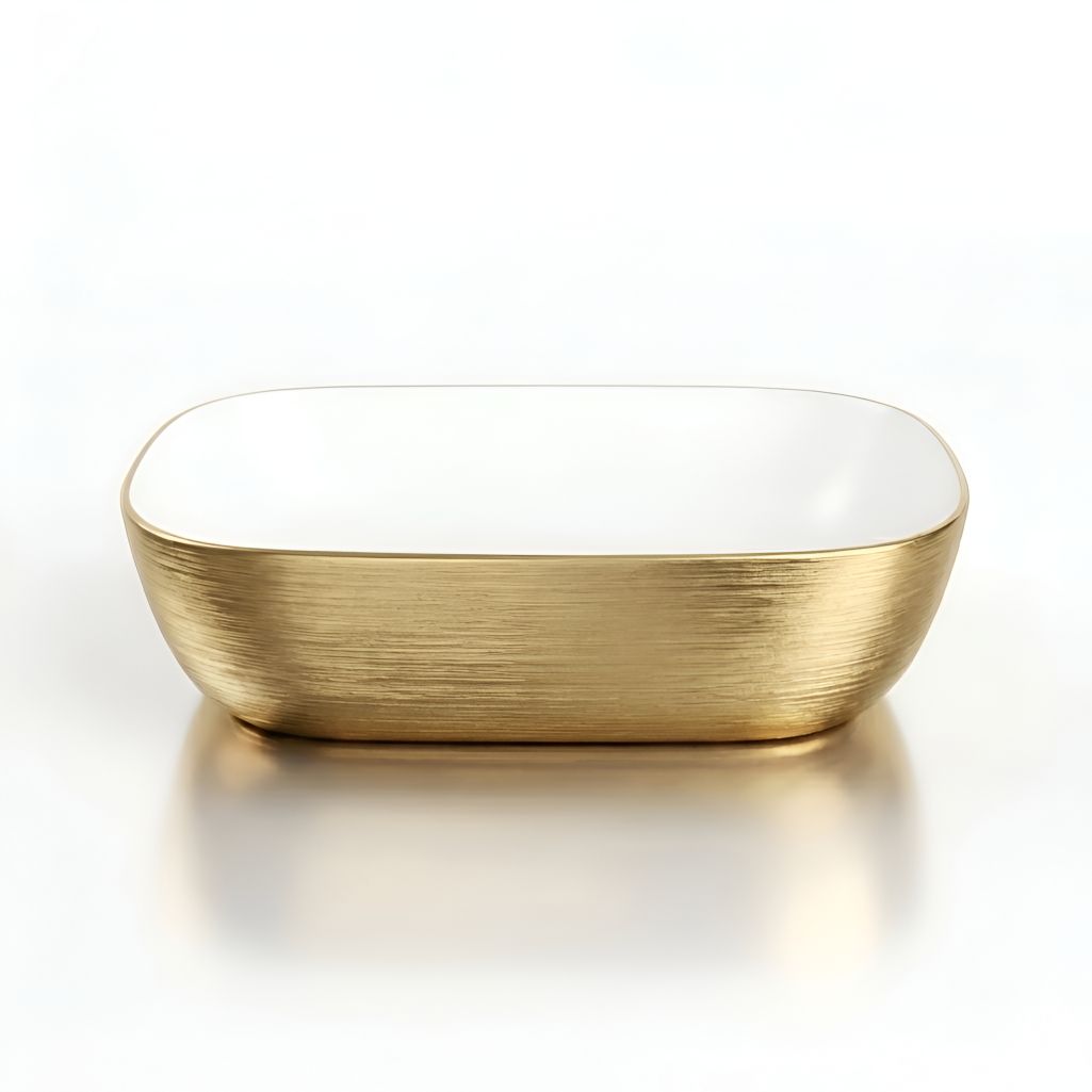Vasque Costa or brossé au bord fin, céramique blanche et dorée