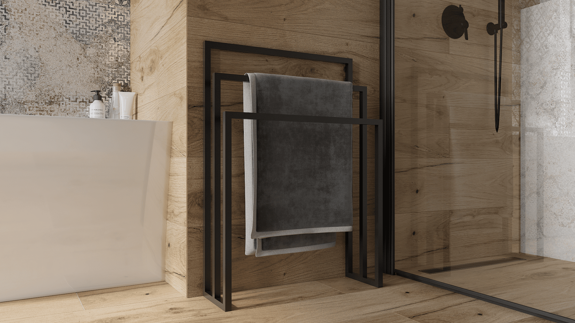 Porte-serviettes sur pied SERAM 600 en acier thermolaqué noir mat