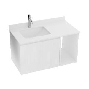 Meuble de salle de bain suspendu Kent White 90 avec lamelles, plan en pierre frittée et vasque à encastrer - Image principale