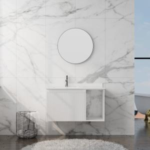 Meuble de salle de bain suspendu Kent White 90 avec lamelles, plan en pierre frittée et vasque à encastrer - Image supplémentaire