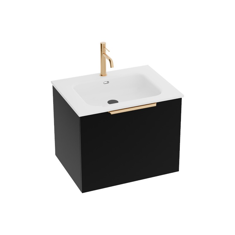 Meuble-lavabo suspendu Oregon 600 avec vasque – Noir avec poignée dorée
