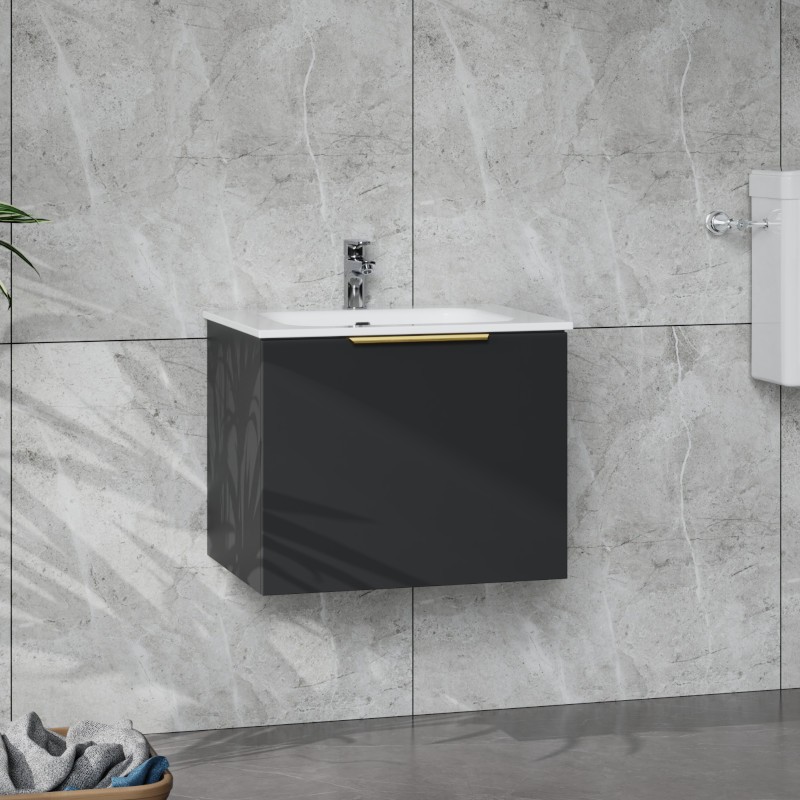 Meuble-lavabo Oregon 600 en noir mat avec poignée dorée