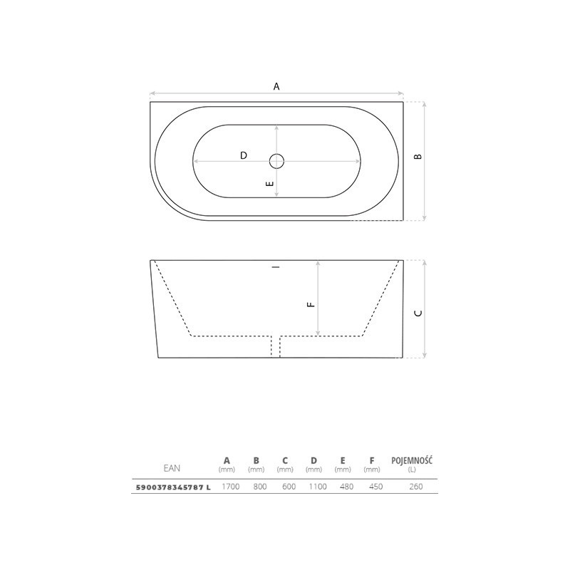 Baignoire d'angle Caldera 1700 gauche, acrylique blanc brillant