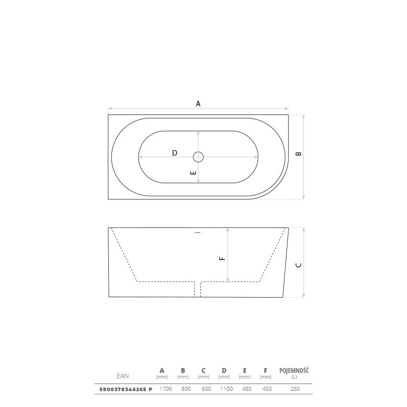Baignoire d'angle Caldera 1700 droite, blanc brillant