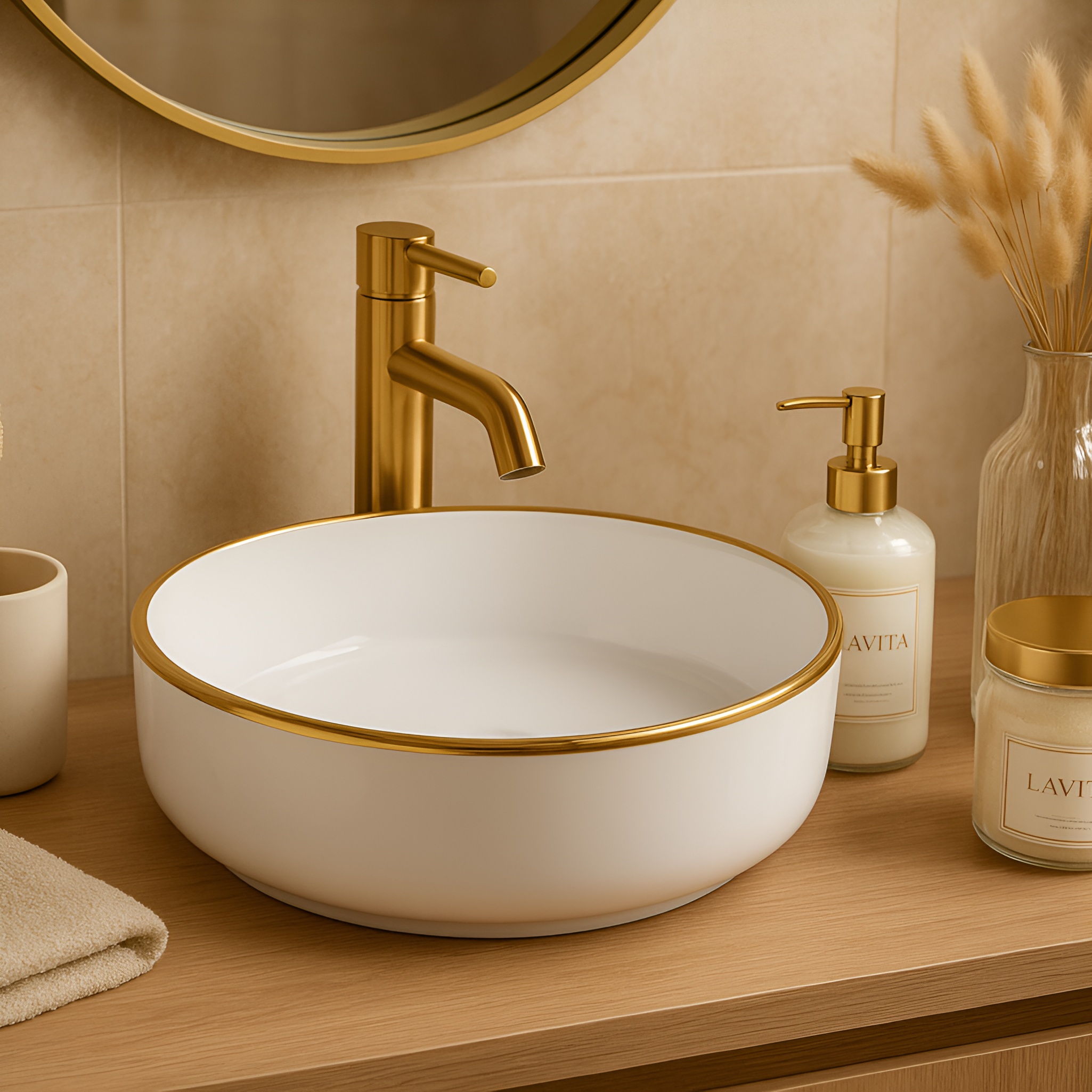 Vasque ronde MERIDA GOLD LINE au bord fin, blanche et dorée