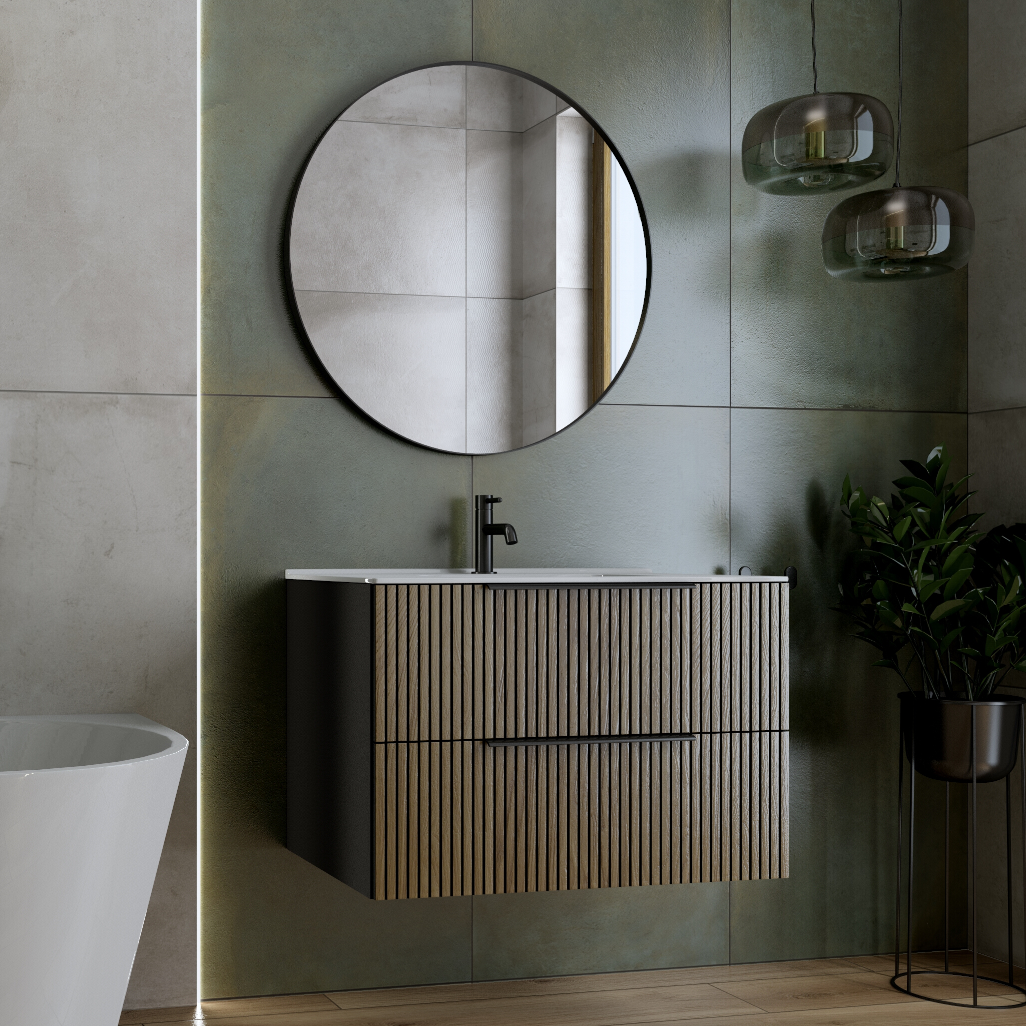 Miroir mural décoratif Chloris Black 60, rond, cadre en acier noir